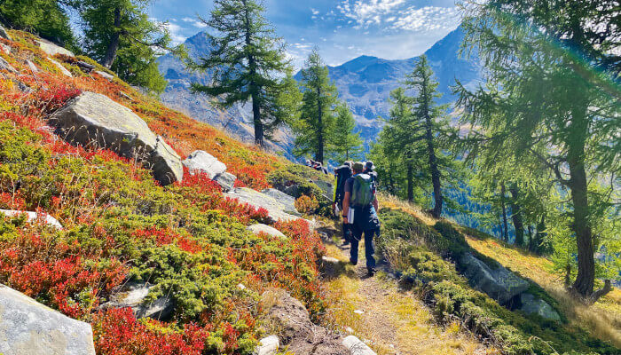 Wanderer auf einem Weg im Herbst in den Bergen